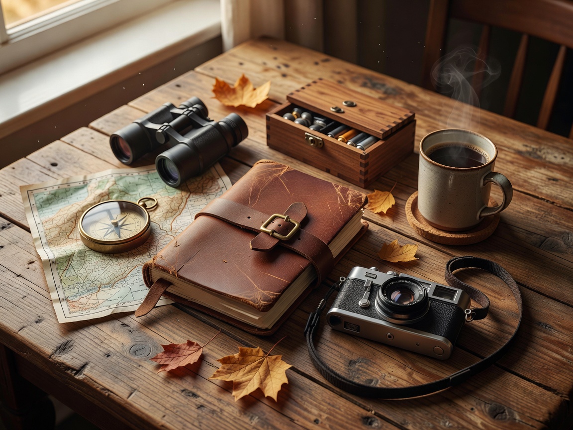 Travel journal and compact camera arranged as practical gift inspiration