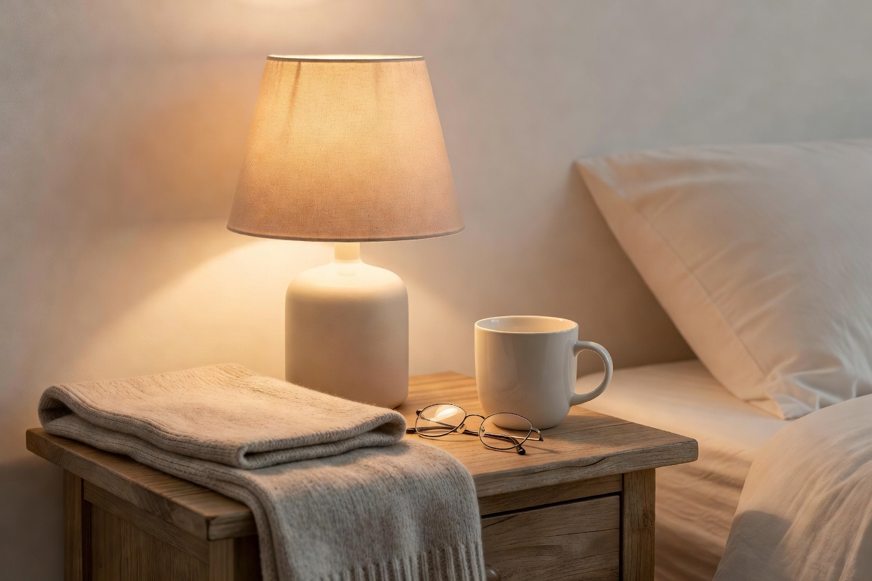 Warm bedside lamp and simple accessories arranged for a calm everyday setting